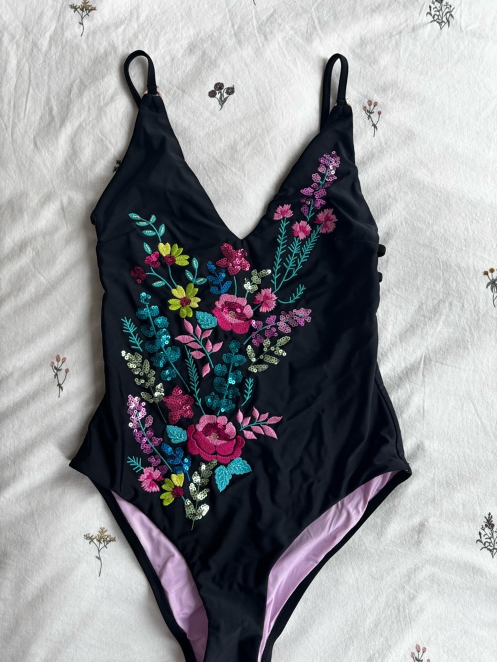 Nanette Lepore Black One-Piece Swimsuit with Pink & Teal Floral Embroidery